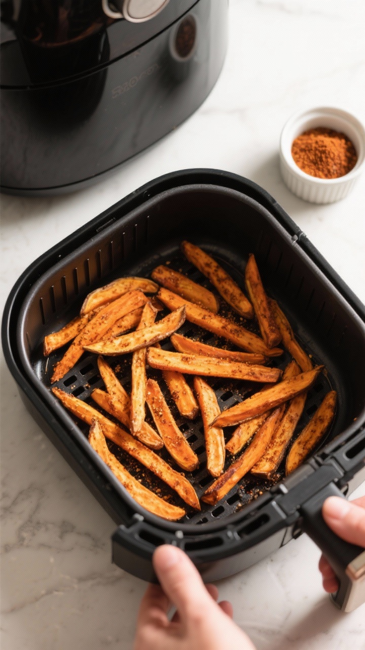 Cooking process: Overhead shot of a single uncrowded layer of seasoned sweet potato fries arranged w