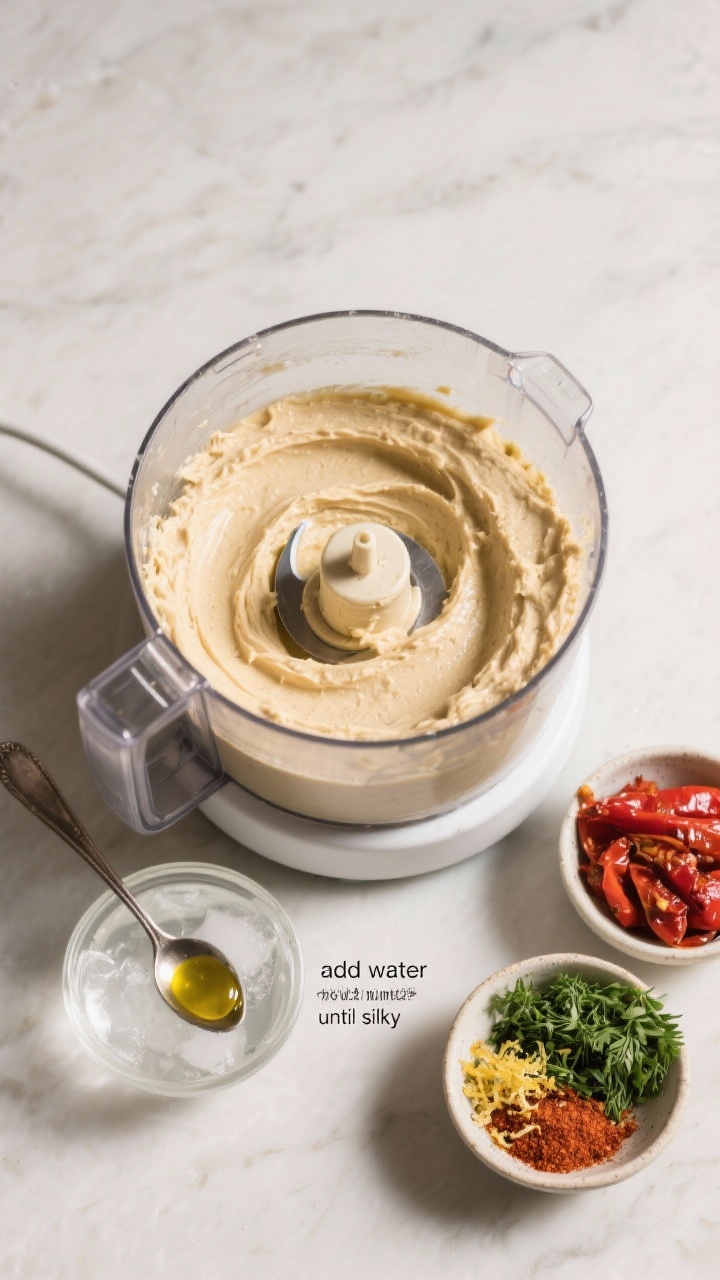 Cooking process: Overhead shot of hummus base in a food processor mid-blend, creamy and smooth with 