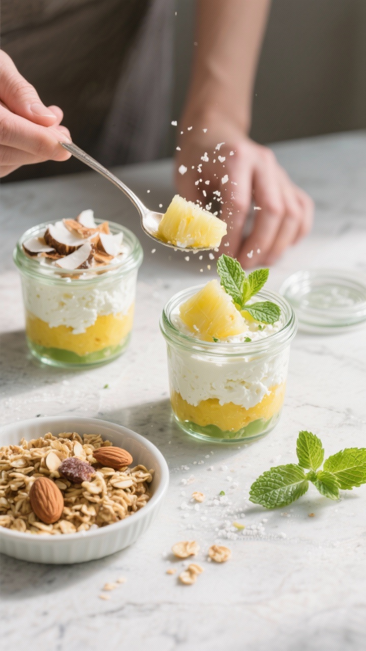 Cooking process: Overhead shot of individual glass jars being assembled on a light stone surface—c