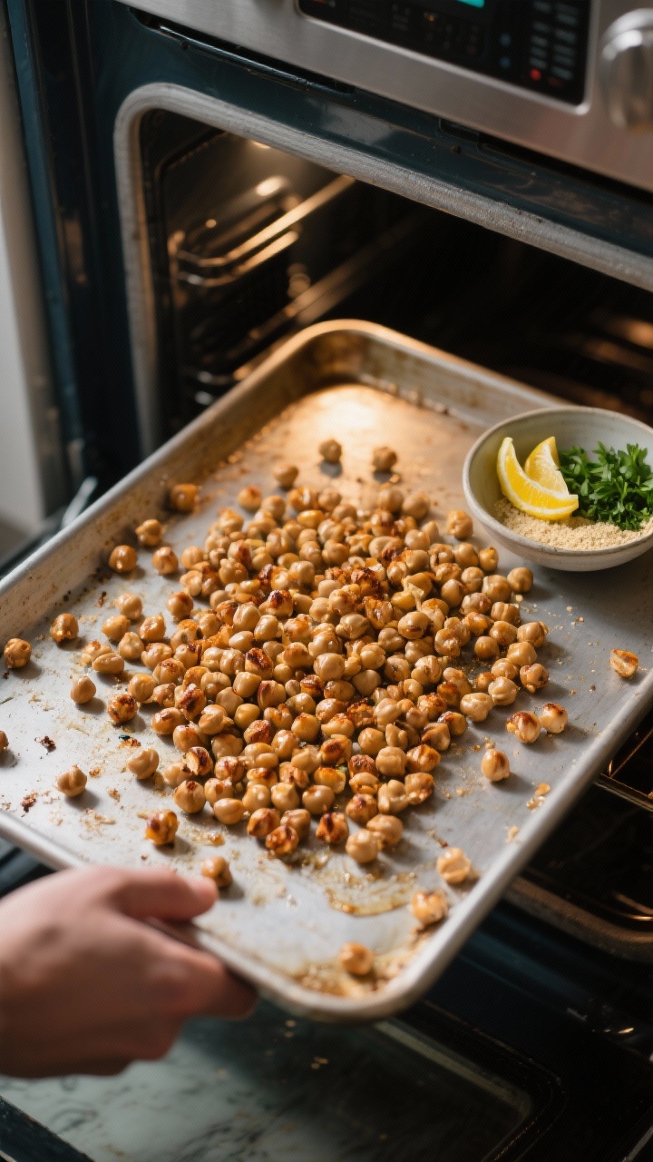 Cooking process: Overhead shot of roasted chickpeas mid “shake-and-rotate” step on a hot sheet p
