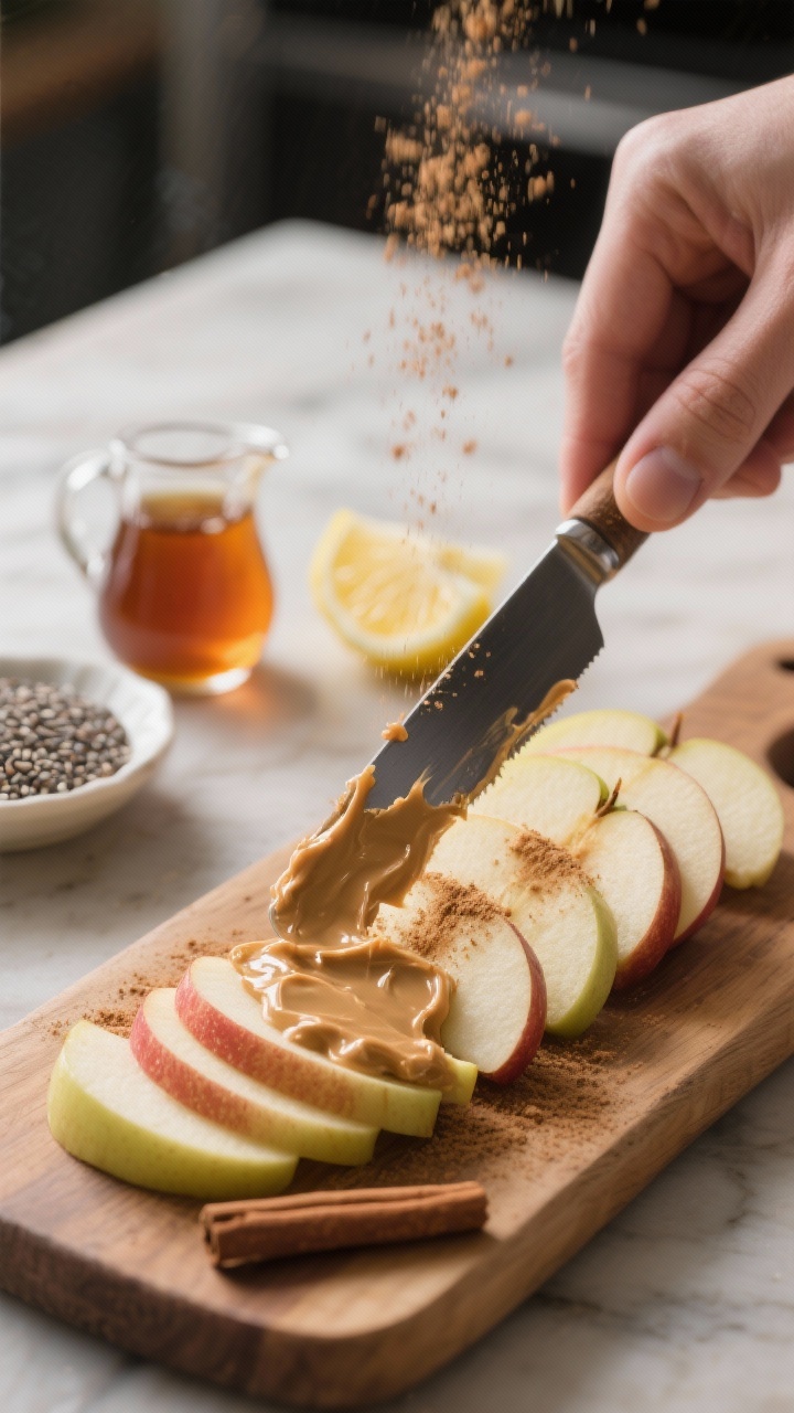 Cooking process: Prepared slices being assembled—apple wedges lined on a wooden board with a butte