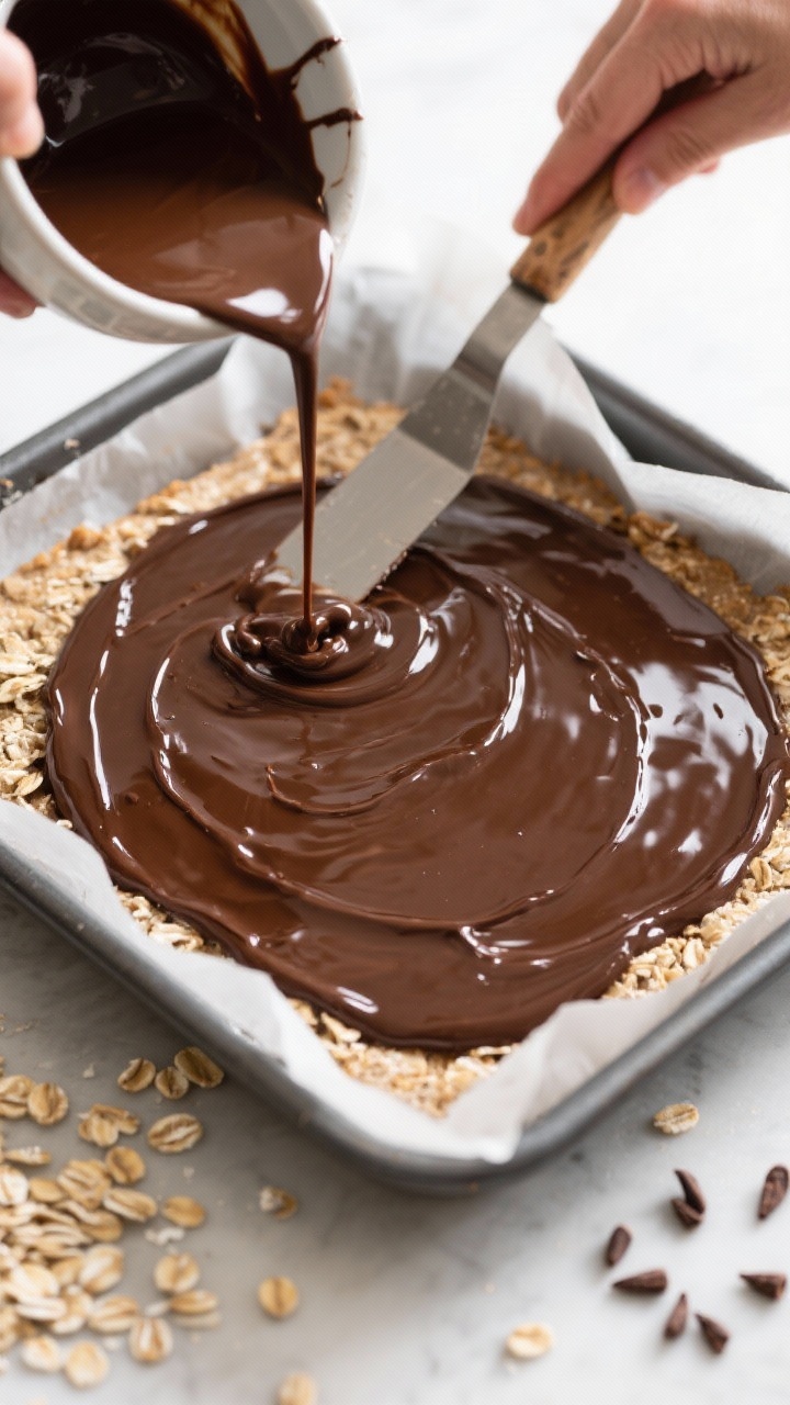 Cooking process: The optional chocolate topping being poured and smoothed over the set oat layer—s
