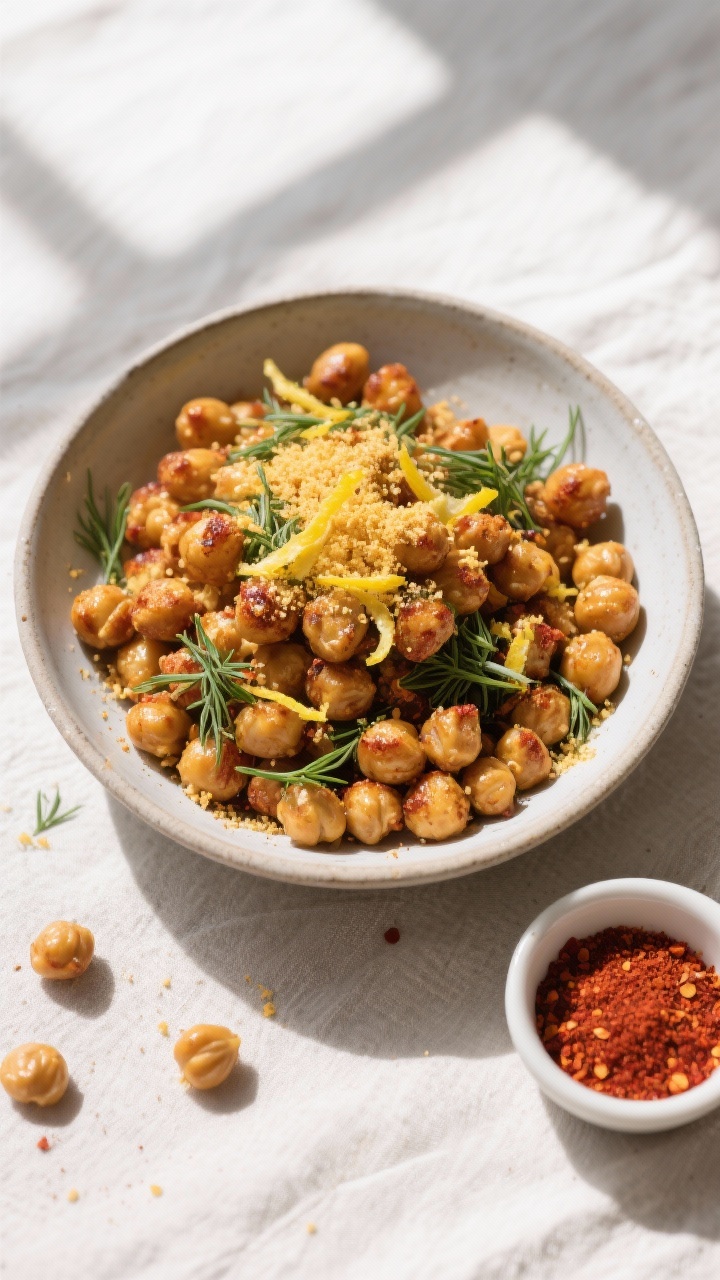 Final dish presentation: Beautifully plated bowl of crispy roasted chickpeas finished after baking w