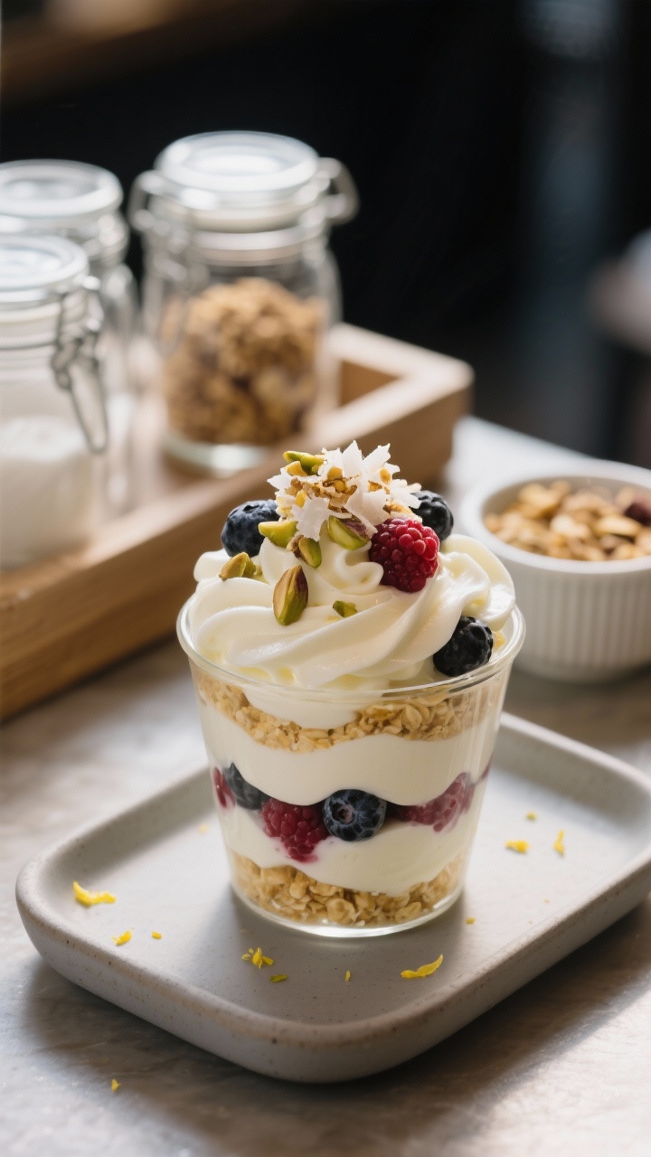 Final dish presentation: Restaurant-quality parfait bar scene with one hero parfait front and center