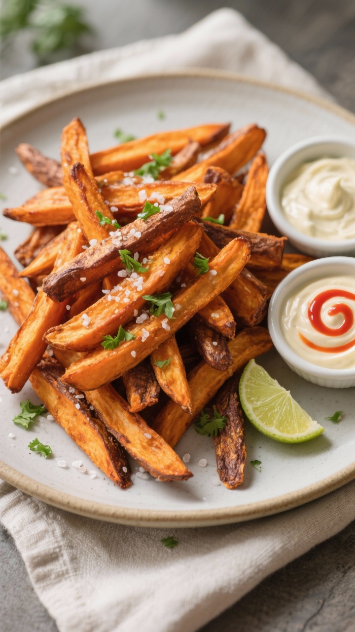 Final dish presentation: Restaurant-quality plate of air fryer sweet potato fries piled high, finish
