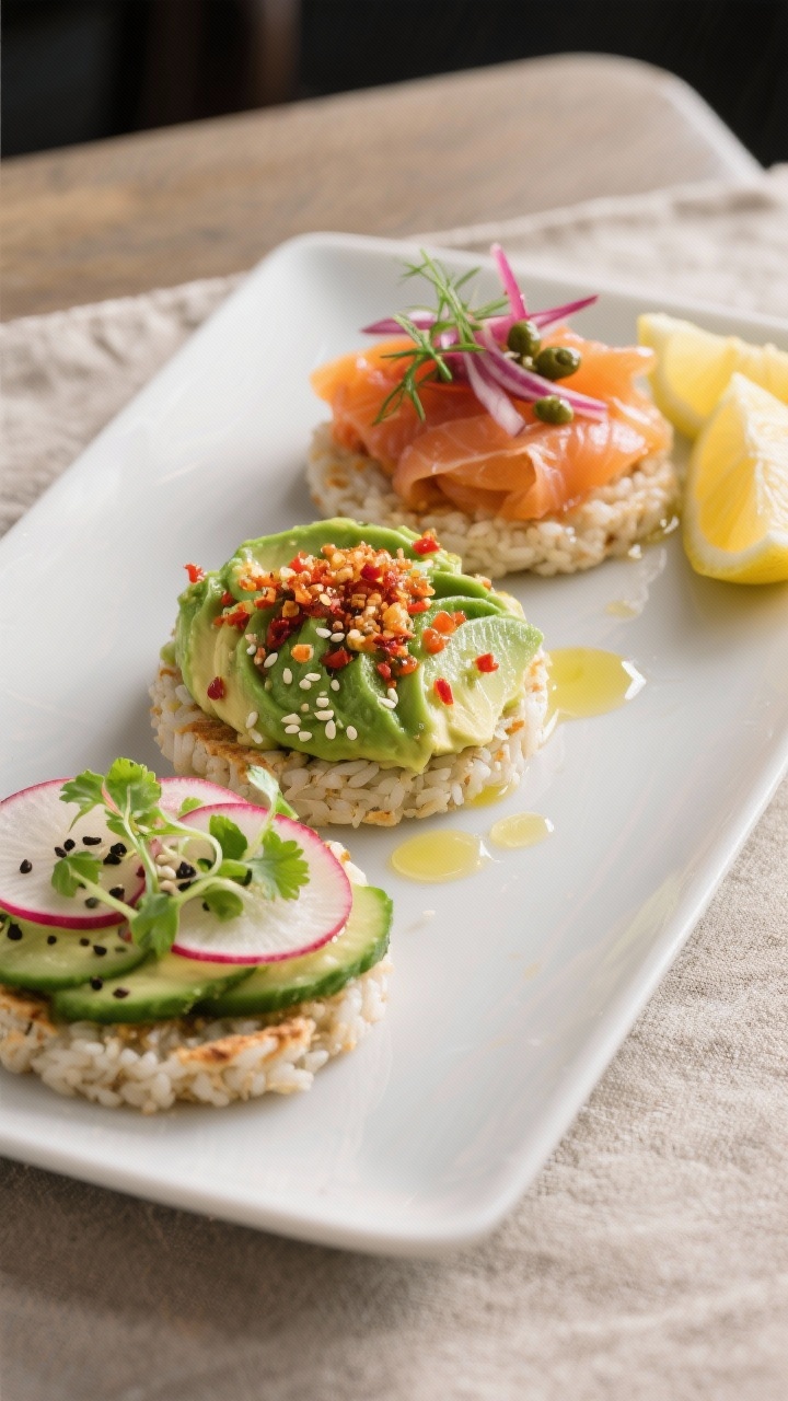 Final dish presentation: Restaurant-quality plate with a trio of variation-topped avocado rice cakes