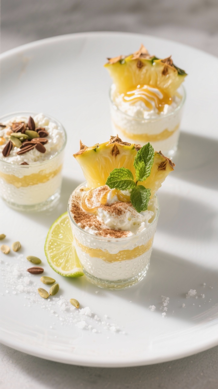 Final dish presentation: Restaurant-quality top-down scene of three finished Cottage Cheese & Pineap