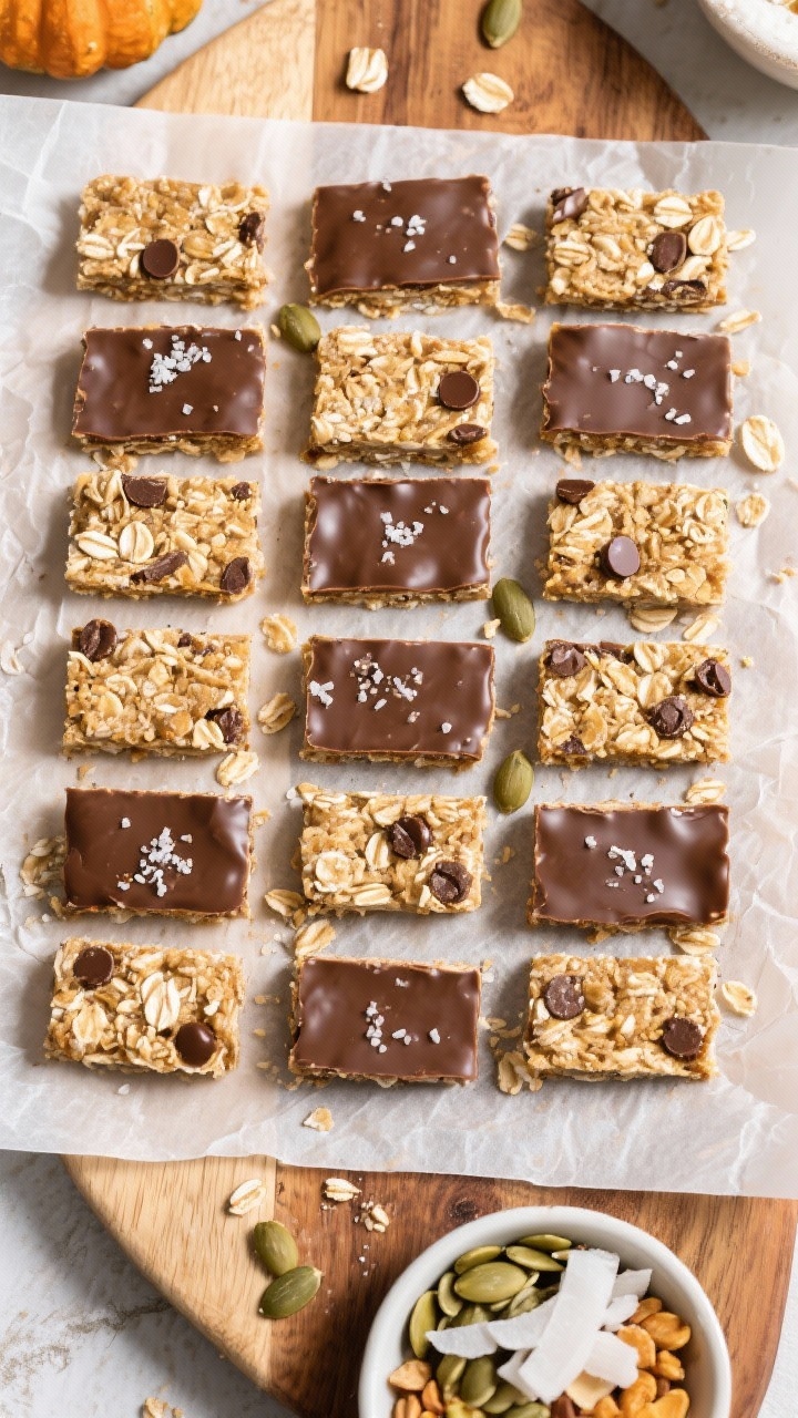 Final dish top view: Overhead shot of sliced no-bake oatmeal bars arranged in a tidy grid on a parch
