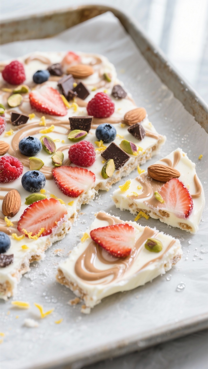 Overhead shot of freshly frozen yogurt bark being cracked into irregular shards on parchment-lined s
