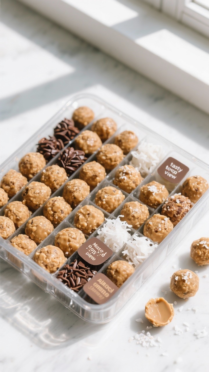 Overhead “tasty top view” of a neatly arranged batch (18–20) of peanut butter energy balls in 