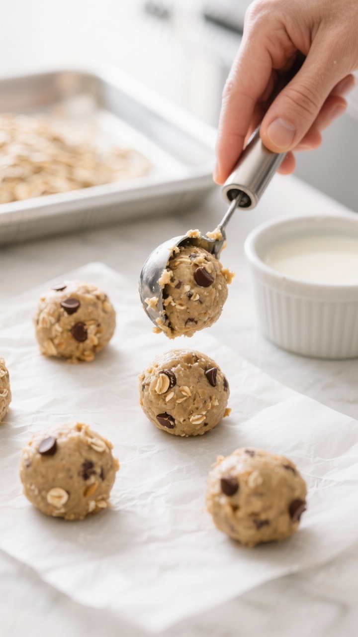Process-focused shot: energy ball mixture being portioned with a mini cookie scoop and rolled into t