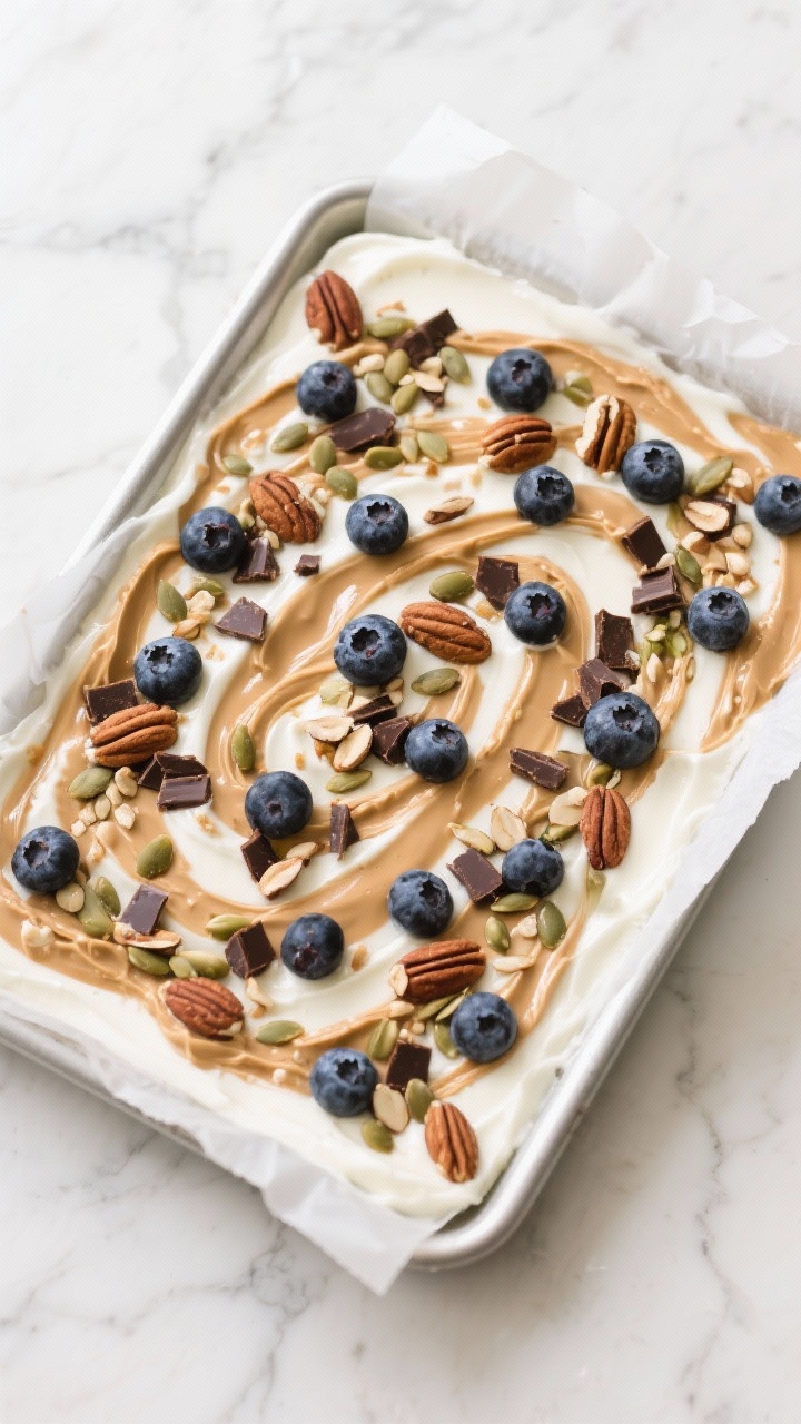 Process scene, tasty top view: evenly spread yogurt layer at 1/4–1/2 inch thickness already swirle