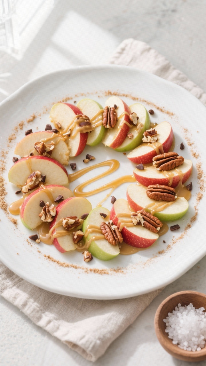 Tasty top view: Overhead shot of “Apple Slices with Almond Butter & Cinnamon” arranged in a circ