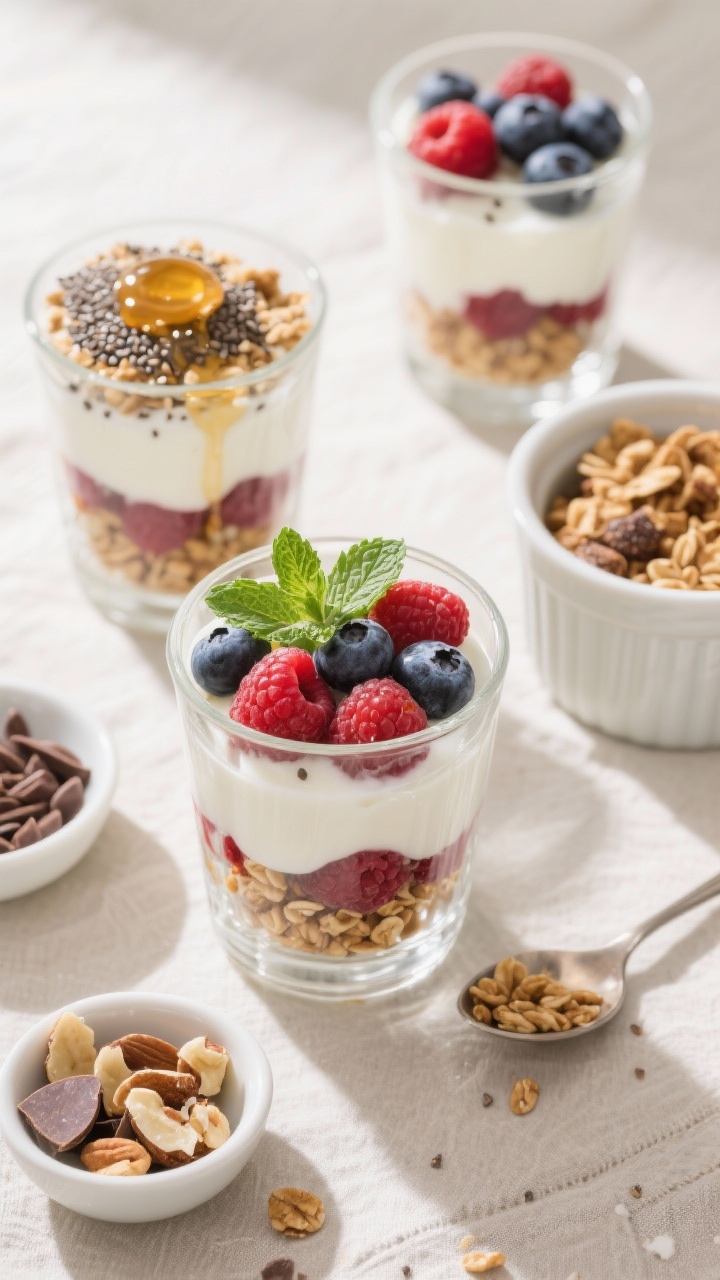 Tasty top view: Overhead shot of assembled Greek Yogurt Berry Parfaits in clear tumblers—distinct 