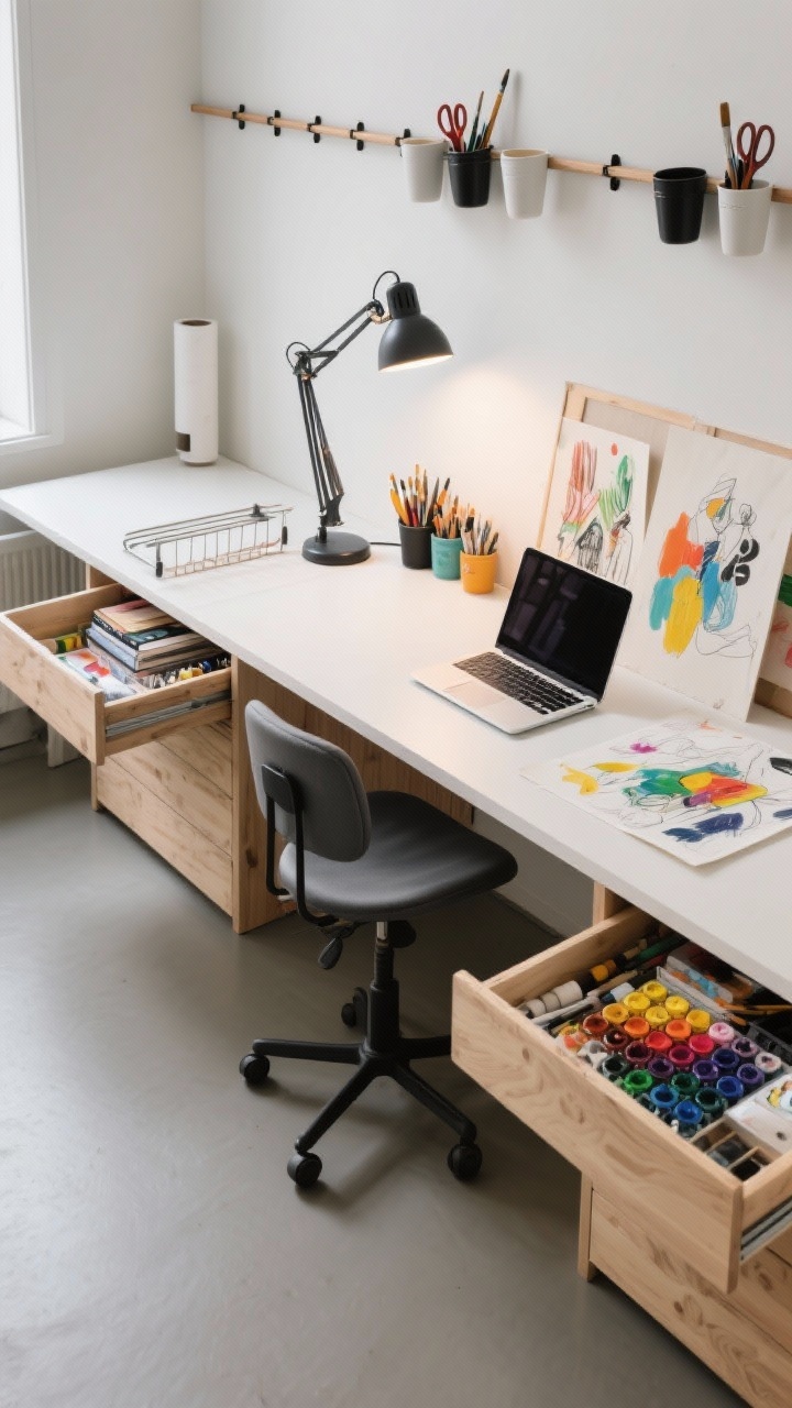 Art studio study hybrid, overhead detail shot: wide tabletop divided into a laptop/book area and an art zone; drawer units on both sides open to reveal paints and supplies; high-backed stool on a swivel positioned between sections; rail system mounted above with cups and hooks holding brushes and scissors; neutral palette of white, birch, and black with colorful paints and sketches adding pops; adjustable arm lamp with high CRI bulb; drying rack shelf and paper roll dispenser at the end.