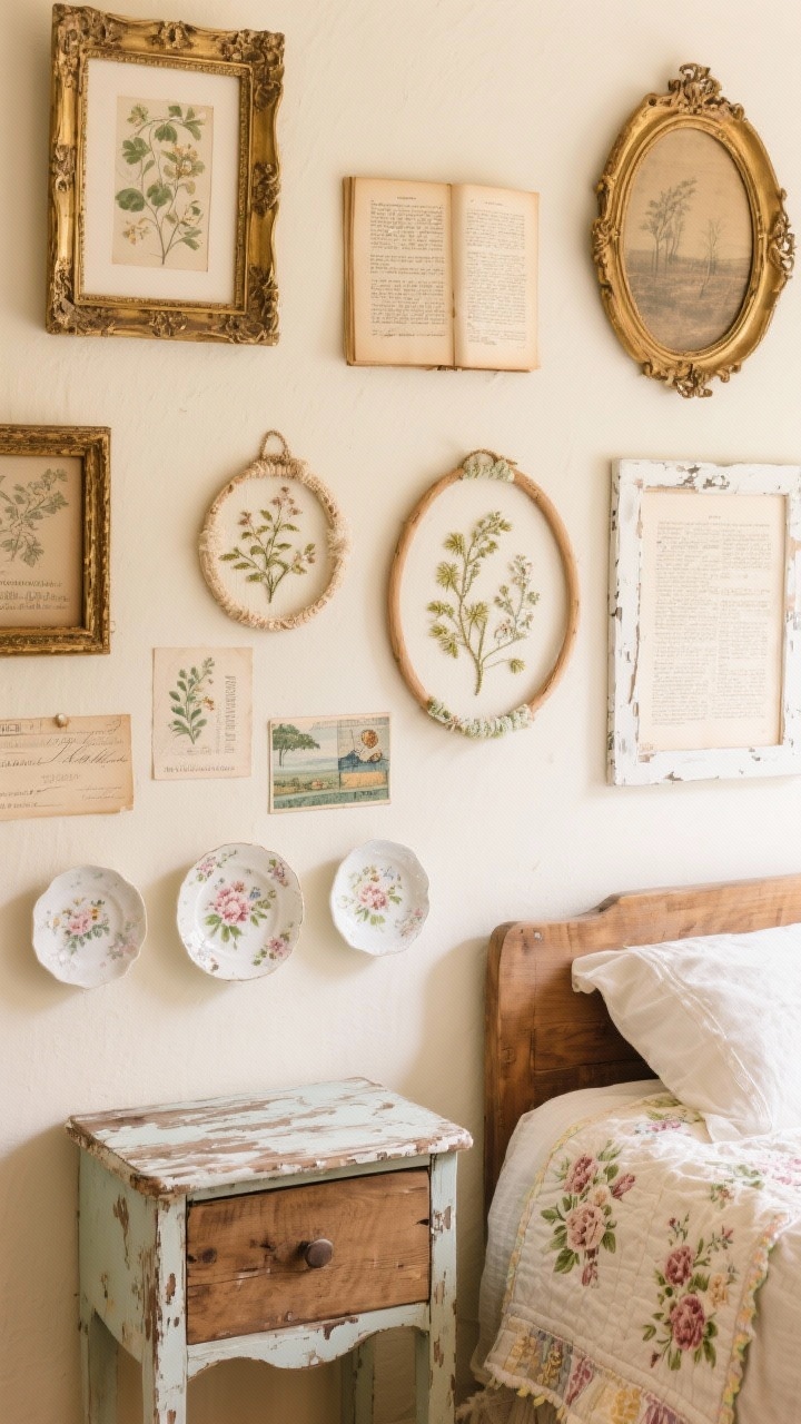 Closeup, collected vignette: Buttercream wall with a cottagecore collage—antique frames in antique gold, chipped white, and raw wood; embroidered hoops; botanical book pages; vintage postcards; and a mini plate wall with delicate floral plates. A distressed wood nightstand corner and floral quilt edge peek in. Warm, nostalgic lighting with gentle shadows, arrangement intentionally imperfect and layered.