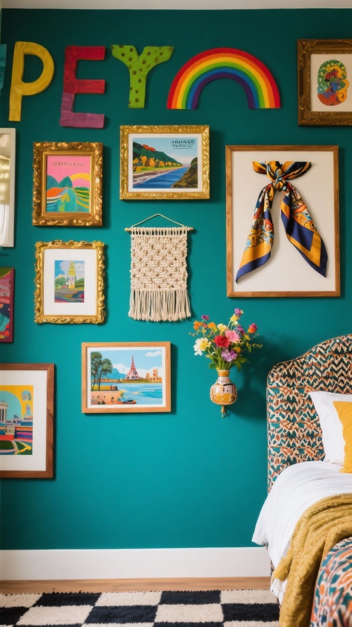 Closeup maximalist cluster: Deep teal wall packed with eclectic rainbow art—typography, travel prints, mini paintings, a small woven wall hanging, and a framed silk scarf as a statement piece. Mixed colored, gold, and wood frames; pieces touch and slightly overlap. A tiny wall-mounted vase holds fresh flowers for movement. Hints of a patterned headboard and checkerboard rug in the periphery. Vibrant, saturated lighting.