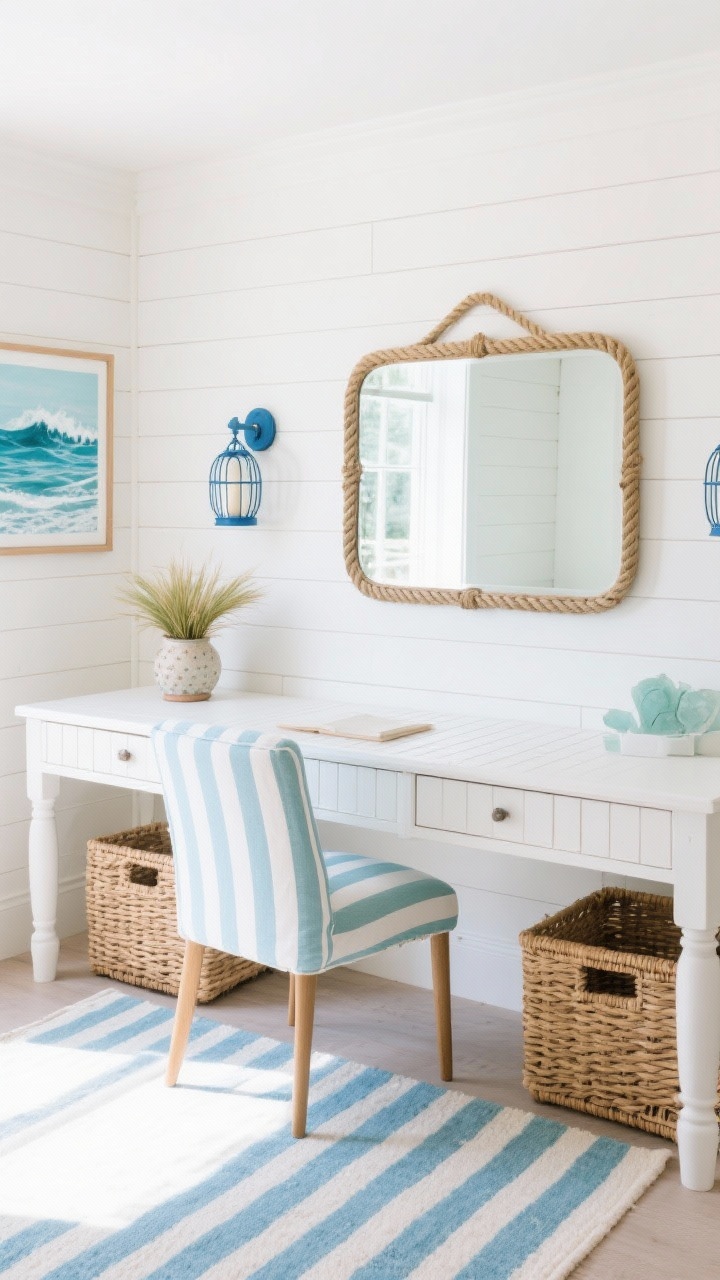 Coastal breeze workspace, medium straight-on shot: white slatted desk with a striped slipcovered chair in light blue and white, sea glass blues and sandy neutrals palette; rope-framed mirror above the desk reflecting light, ocean wave print nearby; woven baskets for storage beneath; white shiplap or beadboard wall backdrop; nautical-inspired sconce with cage, blue-and-white subtly striped rug, small ceramic pot with beachy grass or mini palm; bright, airy daylight.