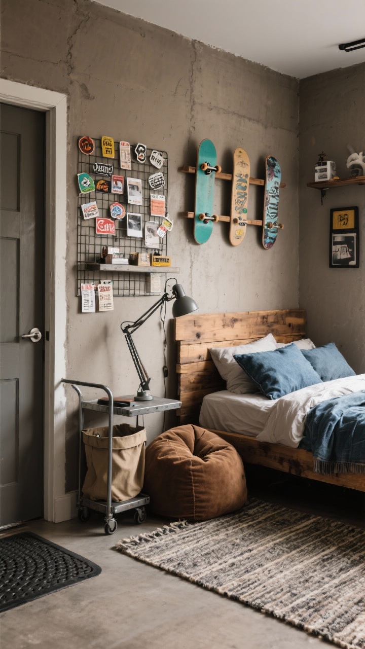Corner angle, earthy skater den: concrete taupe walls, raw-edge wood headboard; wall-mounted racks displaying skateboards like art; durable flat-weave rug, corduroy beanbag; wire grid full of stickers, photos, ticket stubs; metal utility cart, industrial clamp lamp clipped to shelf, heavy-duty laundry bin; canvas bedding, denim pillows, rubber mat by door; urban casual mood; photorealistic.