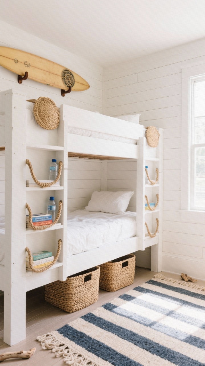 Corner angle medium shot, coastal bunk setup: white shiplap walls, sandy-toned bunk bed with rope-handle cubbies built into the frame; each bunk has pocket shelves holding a book and water bottle; striped rug anchoring the space; wall-mounted surfboard rack doubling as decor; lidded seagrass baskets under the lower bunk; palette white, sand, navy, driftwood; bright, beachy daylight.