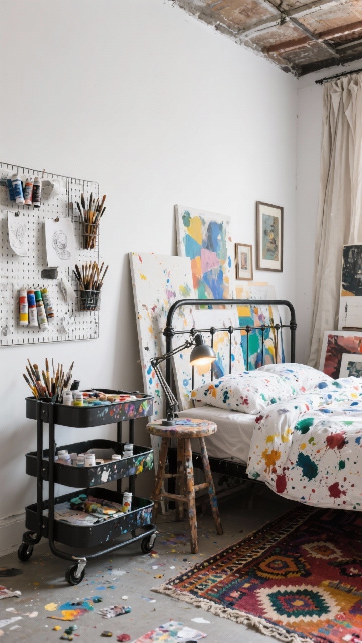 Corner angle of an indie artist loft bedroom: white walls, black metal bed frame, layered canvases leaning against the wall, paint tubes and brushes; rolling cart as paint station, pegboard holding brushes and tools, wire grid with sketches clipped; splatter-print duvet, multicolor kilim rug; drop cloth curtains, mismatched frames, painter’s stool used as side table; adjustable task lamp and clip-on lights for late-night creating; lively, creative mess; photorealistic.
