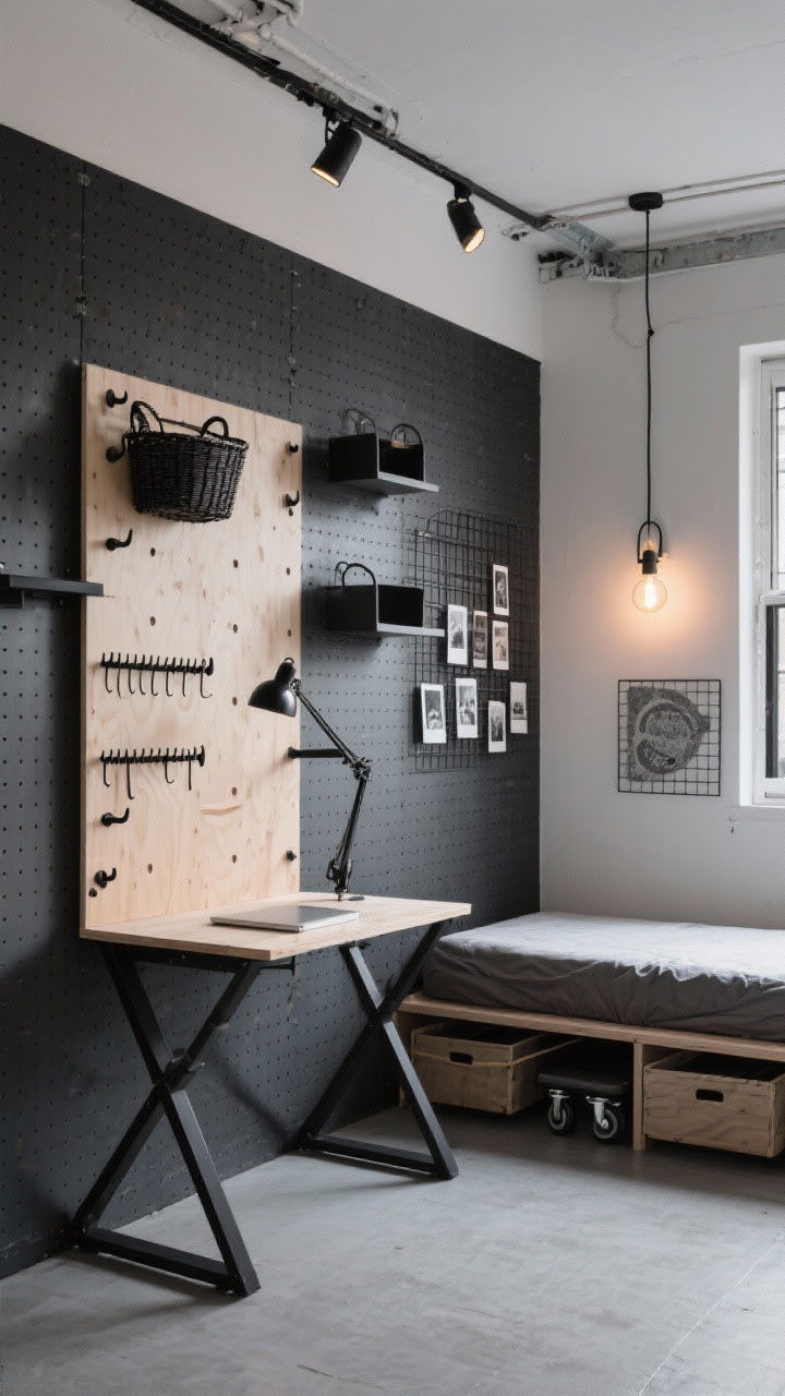 Corner angle wide shot, industrial creative studio: charcoal pegboard wall behind a compact fold-down plywood desk panel (flipped up), black metal pegs with shelves, baskets, and hooks; opposite a low platform bed with rolling under-bed bins slightly pulled out; exposed-bulb sconces, a wire grid photo display, concrete-look decals; palette of charcoal, natural plywood, matte black; urban, adjustable vibe with directional task lighting.