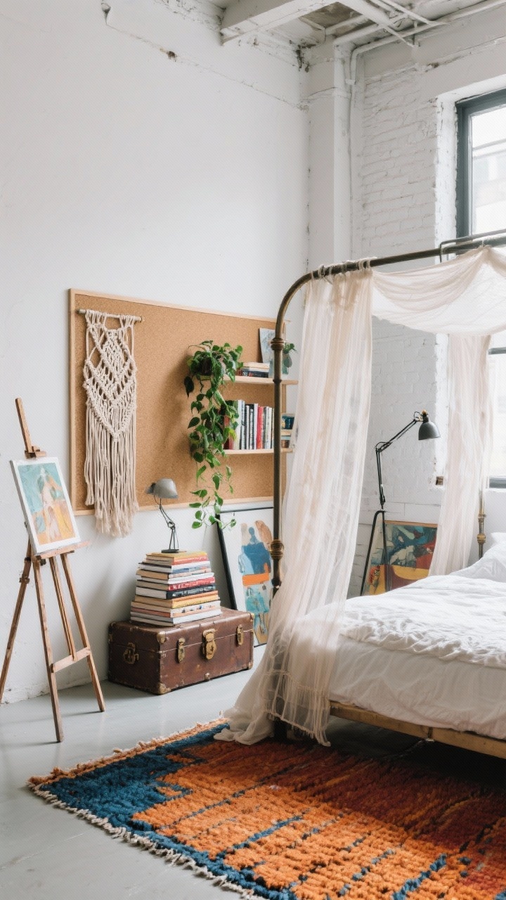 Corner medium shot: Artsy boho loft scene with chalky white walls, a metal canopy bed draped in airy gauze, a bold hand-knotted rug in ochre and cobalt, a full-size corkboard inspiration wall leaning nearby, macramé shelves with trailing pothos, a vintage trunk stacked with art books, and a task lamp by an easel corner; creative studio vibe, natural side light.