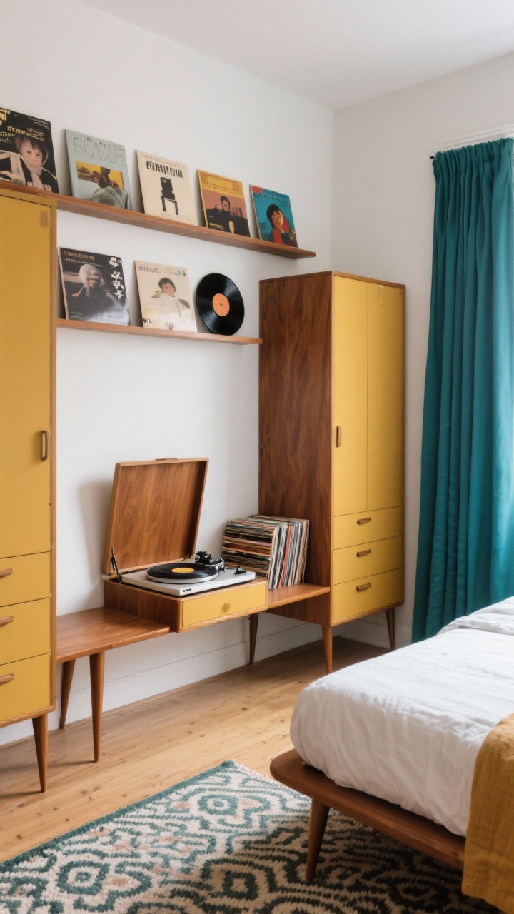 Corner medium shot, retro record nook: record bench with flip-top storage open to show vinyl; slim turntable console with a turntable and stacked records; wall ledges displaying album covers like art; mid-century twin bed with tapered legs keeping floor open; patterned rug, color-pop curtains, narrow wardrobe with interior drawers; palette mustard, walnut, off-white, teal; vintage-cool warmth.