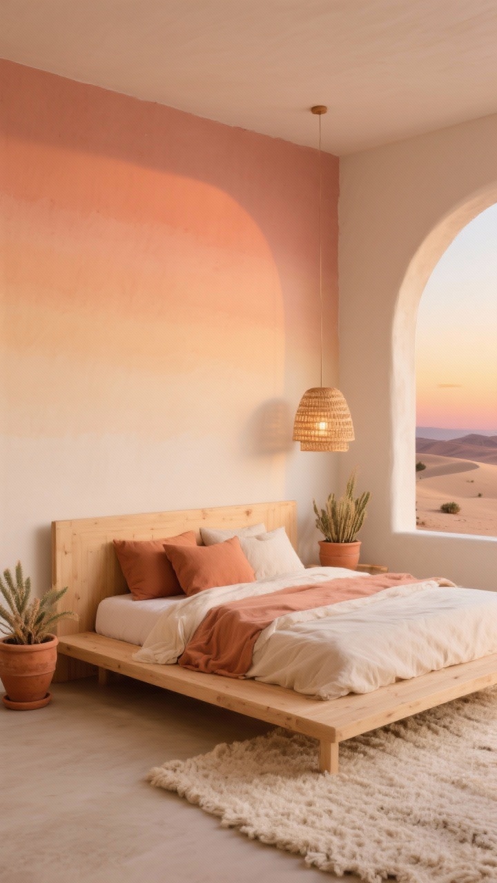 Corner wide shot at golden hour: Desert sunset platform in light wood with a simple wide headboard. Wall painted in a vertical sunset ombré from sand at the bottom to soft apricot and blush near the ceiling. Bedding in clay, apricot, and cream cotton/linen. Terracotta pots with low-maintenance plants, woven pendant casting warm light, nubby cream rug grounding the scene, arched mirror reflecting the ombré wall. Warm, glowing ambiance.