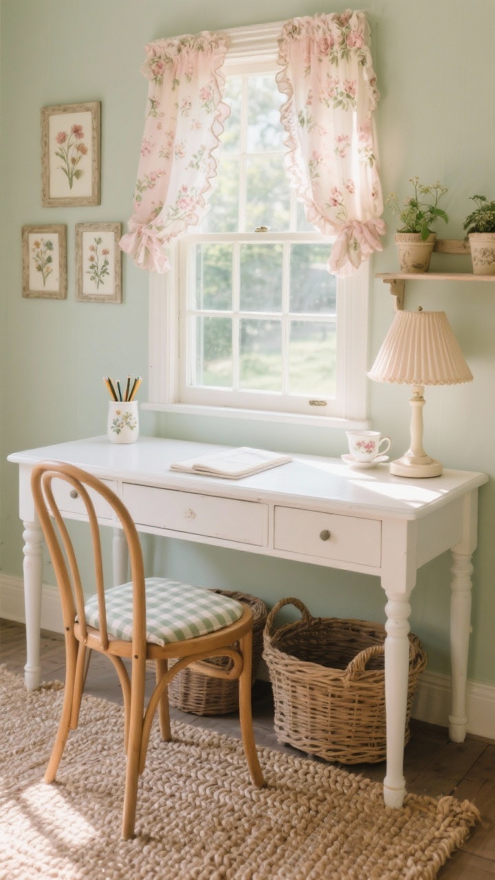 Cottagecore desk under a sunny window, soft medium shot: white writing desk centered beneath the window with floral curtains and dainty ruffles, bentwood chair with a gingham cushion; ceramic pencil cup, pressed-flower frames on the wall, vintage-inspired table lamp with a pleated shade; wicker baskets under the desk, small shelf with vintage teacup planters above; braided natural-tone rug; gentle palette of sage, blush, and cream with warm sunlight.