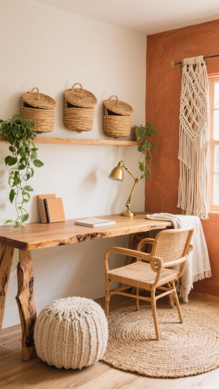 Cozy boho nook, medium corner angle: live-edge wood desk paired with a rattan desk chair, woven jute rug, earthy palette of terracotta, honey, and creamy white; trio of basket wall decor above the desk, lidded seagrass baskets for notebooks, chunky knit pouf tucked under the desk; brass gooseneck lamp on desktop, trailing pothos on a floating shelf, macramé curtain tie-backs and a soft cotton throw; warm, natural daylight.