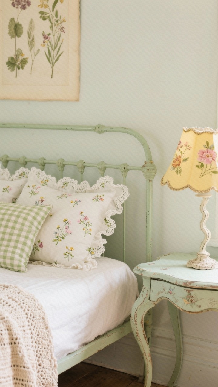 Detail closeup: A painted iron bed frame in soft sage with vintage floral bedding featuring tiny wildflowers. Scalloped shams, crochet-edge blanket, and a gingham accent pillow layered on the bed. Nearby, a wavy-edge nightstand with a floral lampshade; pressed-botanical art slightly blurred in the background. Palette: cream, sage, rose, butter yellow. Soft daylight for a cottagecore, storybook feel.