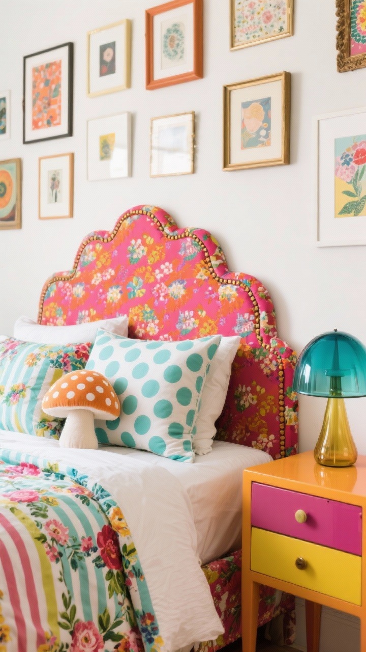 Detail closeup: A statement scalloped headboard in a bold fabric set against a playful bedscape. Mixed patterns layered intentionally: floral duvet, striped sheets peeking, polka-dot euro pillows, and one quirky novelty cushion. In the softly blurred background, a collage wall of prints in mismatched frames and a colored glass mushroom lamp on a colorful lacquer nightstand. Bright, cheerful lighting; brights anchored by one neutral.