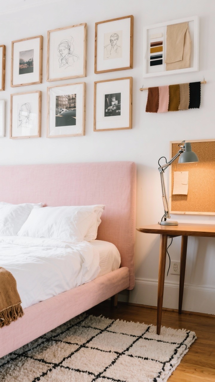 Detail closeup, Art School Chic: gallery wall section above a blush headboard featuring mixed sketches, photography, and fabric swatches in natural wood frames; below, the edge of a neutral rug with oversized grid pattern; nearby, a corkboard strip and clamp light over a mid-century desk corner; palette blush, camel, black, warm white; photorealistic, creative curated vibe with directional task lighting.