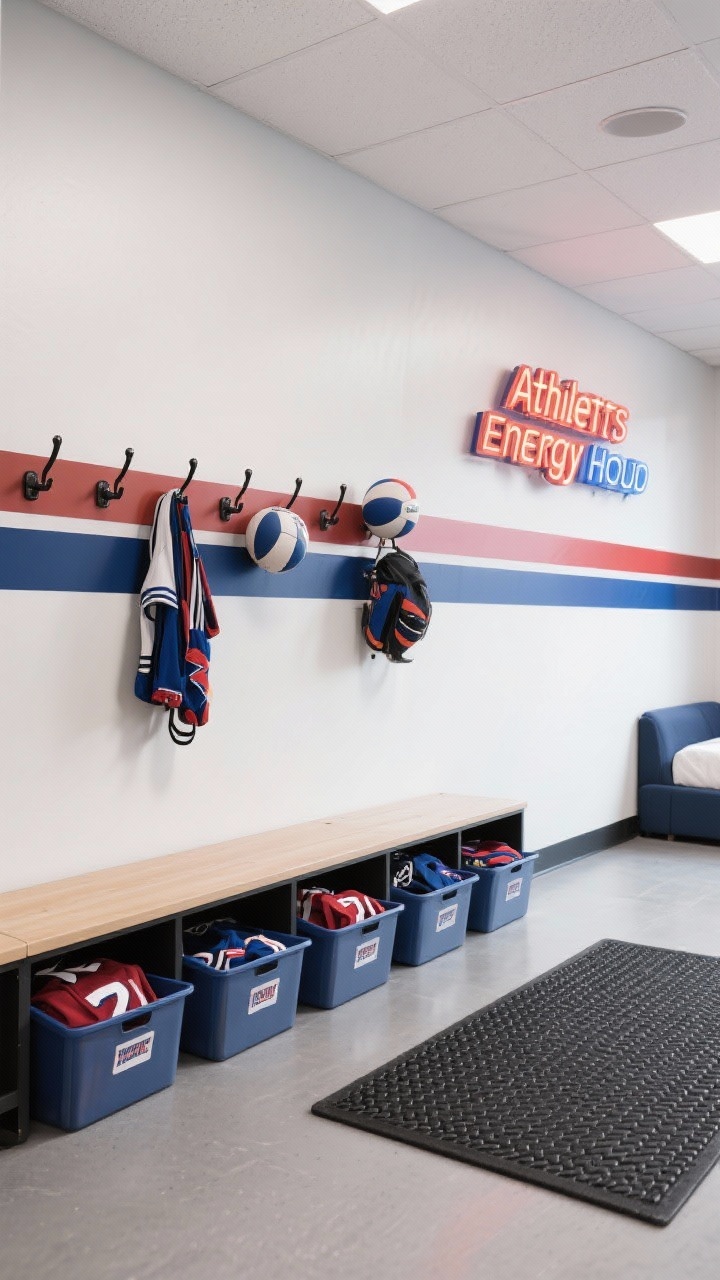 Detail closeup: Athletic energy hub elements—crisp white wall with a sharp two-tone stripe in team colors running across, wall hooks holding sports gear and a mounted ball rack. Under-bed bins partially pulled out showing organized uniforms, a motivational marquee sign glowing, and a rubber-backed rug with subtle texture ready for heavy traffic. Photorealistic, bright and sporty.