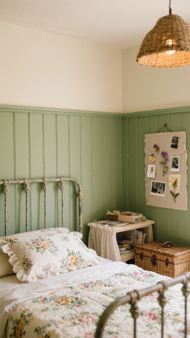 Detail closeup, Cozy Cottagecore Box: a sage green beadboard wall up to chair-rail height with cream paint above. In front, a metal spindle bed corner with a ditsy floral quilt and ruffle-edged pillows. A skirted nightstand concealing clutter, and a fabric-covered bulletin board pinned with photos and pressed flowers. Wicker texture peeking from a trunk at the bed’s foot; warm glow from a woven pendant slightly out of frame. Soft, nostalgic lighting.