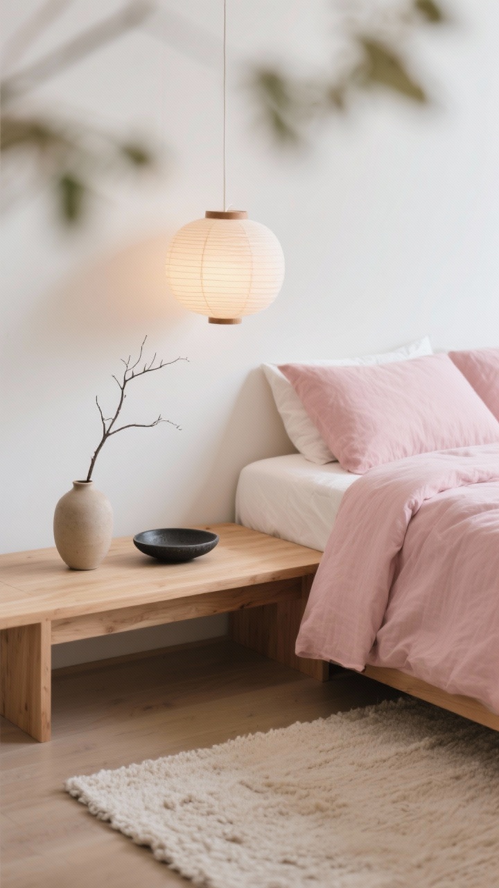 Detail closeup, Japandi Serenity: ash wood platform bed corner with neatly draped blush linen duvet; low wood bench beside a cotton rug in soft oatmeal; simple ceramic vase with a single branch; paper lantern pendant softly glowing in background bokeh; small black stoneware dish as grounding accent; palette muted pink, ash, oatmeal, warm white; photorealistic, quiet minimal textures.