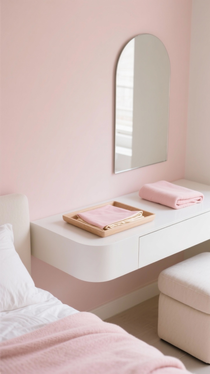 Detail closeup, Minimalist Muse: a serene vignette of pink-beige painted wall meeting a matte white floating nightstand with smooth rounded edges; on it, a pale maple tray with a blush duvet edge, champagne sheets peeking, and a pale pink throw folded; frameless mirror edge reflecting warm white tones; hidden storage ottoman partially visible; palette of blush, champagne, warm white; photorealistic, soft diffused daylight, ultra-clean minimal mood.