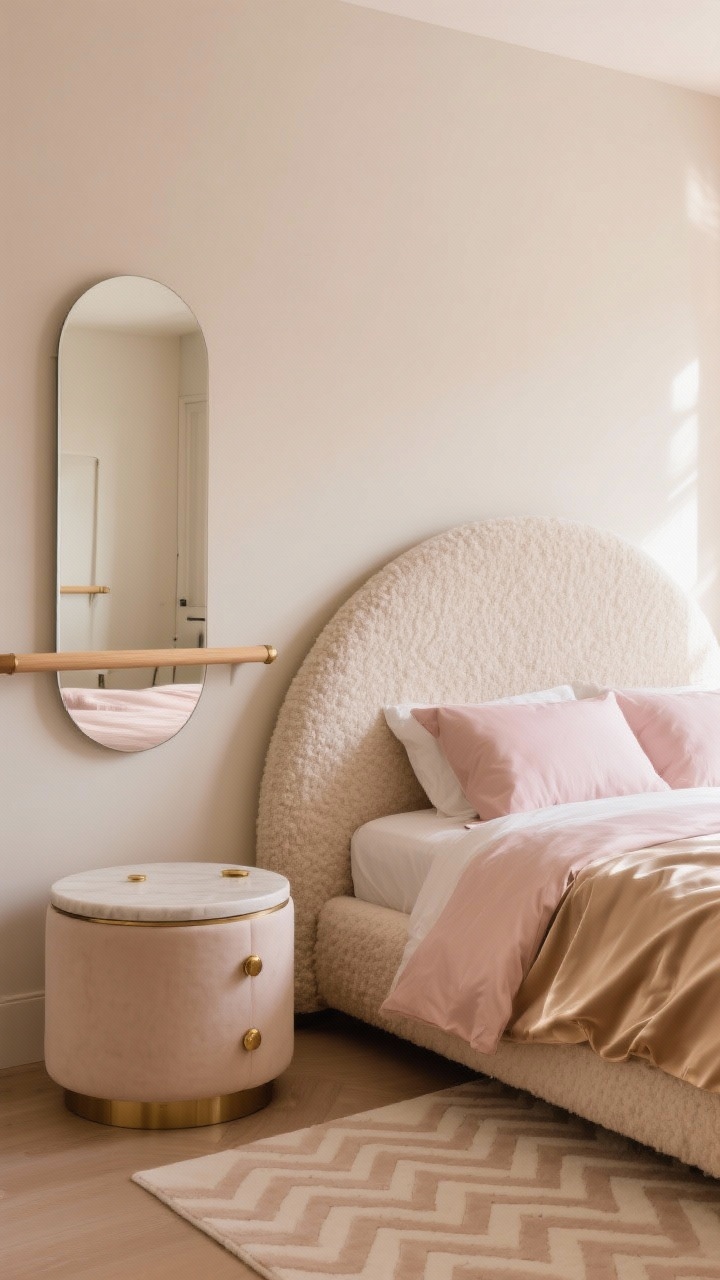 Detail closeup, Modern Balletcore Studio: mushroom beige wall background with a curved bouclé headboard in soft texture. Bedding in blush and champagne satin catching light. A wall-mounted ballet barre with a mirror panel reflecting the soft palette. Rounded furniture details: half-moon nightstand edge, drum side table surface with small brass accents, and a pale chevron rug underfoot. Gentle, glowing light.