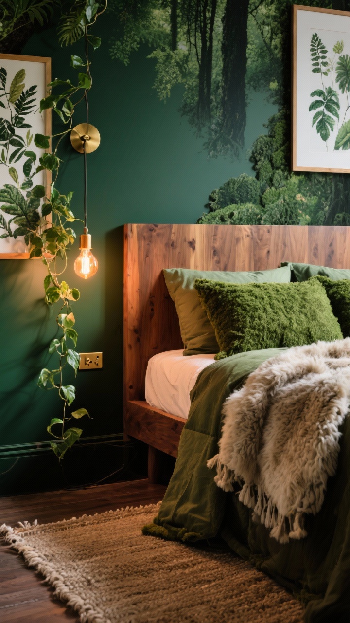 Detail closeup: Nature-luxe forest room textures—deep forest green accent wall with brass hardware on a warm wood headboard. A corner of olive/moss bedding layered with a faux sheepskin throw, botanical prints partially in frame, and trailing pothos vines. Warm Edison bulbs cast a cozy amber glow over a natural fiber rug edge. Photorealistic, rich, earthy luxury.