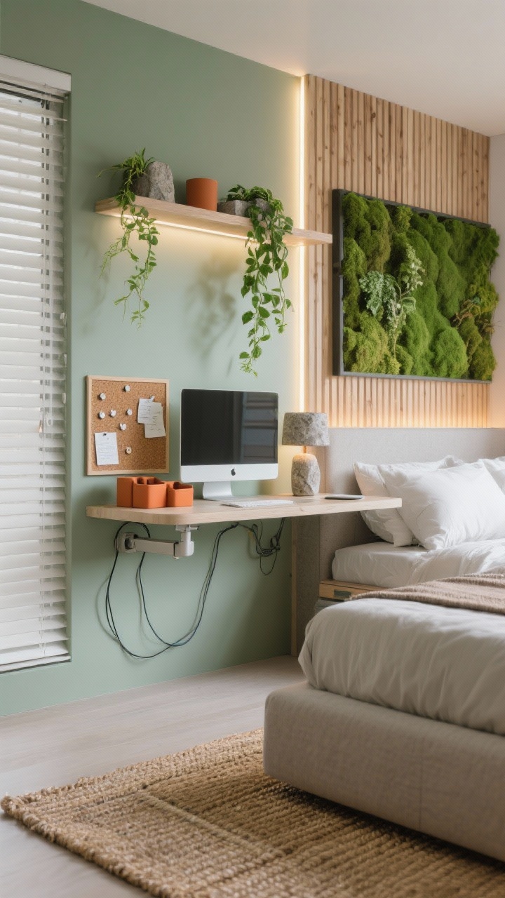 Detail closeup, nature tech hybrid: soft sage wall with wood-slat accent panel backlit by hidden LED strips behind the bed; floating desk with clean cable management and monitor arm; living edge shelf with hanging pothos, moss art panel texture; smart blinds in background; terracotta desk organizers, stone-look lamp, cork mood board pins and notes; layered natural jute rug with soft low-pile rug on top; calm biophilic glow; photorealistic.