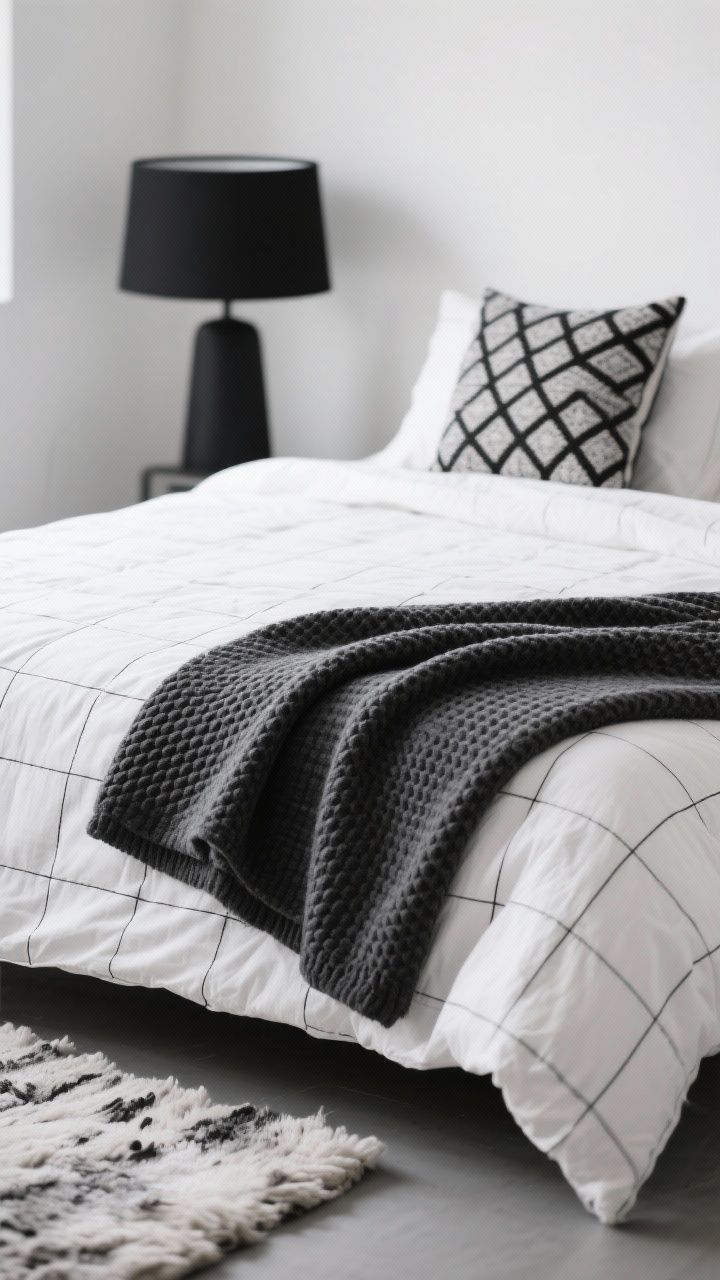 Detail closeup of minimalist monochrome bedding: black-and-white grid duvet crisply tucked over white linen sheets; charcoal waffle blanket neatly folded at the foot; visible texture of linen, waffle weave, and a hint of sculptural wool rug at bedside; geometric jacquard quirky cushion adding subtle pattern; matte black lamp base blurred in background; palette white, black, soft gray; photorealistic, soft diffuse daylight.