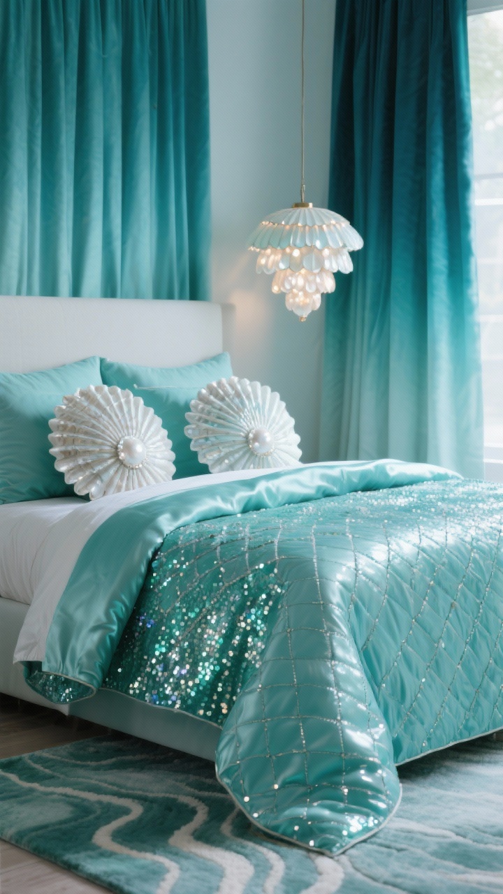 Detail closeup of modern mermaid textiles: teal satin duvet with liquid sheen over sea-glass sheets; sequined scallop pillows catching light in soft shimmer; shell-stitched quilt folded at the end; rug with ripple texture blurred in background; ombre teal curtains framing the scene; capiz shell pendant lamp glow reflecting pearly highlights; colors teal, sea-glass green, silver, pearl; photorealistic.