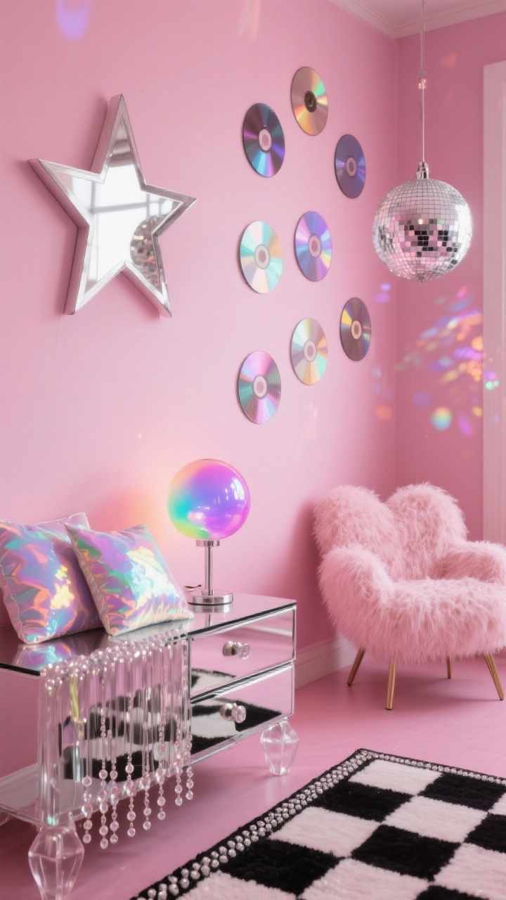 Detail closeup of Y2K pop star accents: bubblegum pink backdrop with chrome and translucent acrylic details; mirrored nightstand surface reflecting iridescent throw pillows, plush shag texture peeking in; checkered rug edge, bead curtain strands shimmering, CD-wall art catching light; star-shaped mirror corner and heart-shaped accent chair glimpse; color-changing orb lamp and disco-ball pendant sparkle bokeh; photorealistic, playful shine.