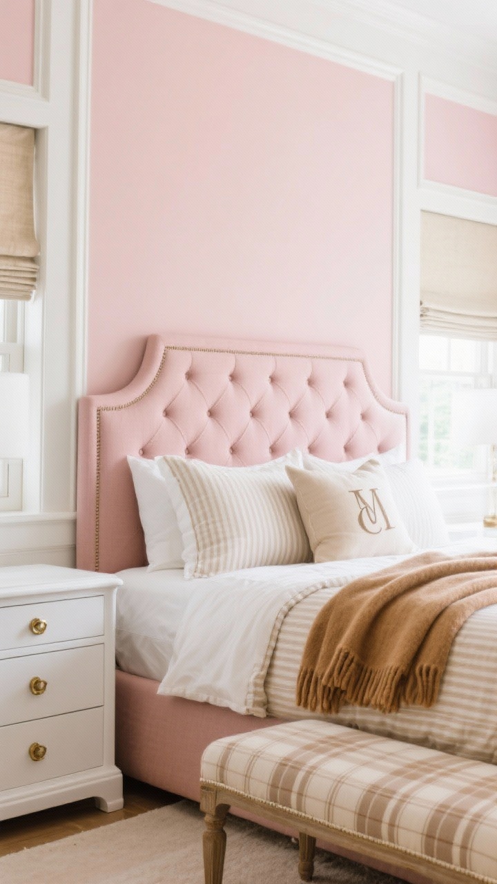 Detail closeup, Preppy Tailored: channel-tufted blush headboard with neutral pinstripe bedding, a folded camel throw; lacquered white nightstand with brass pull; plaid bench fabric detail at the foot of the bed; monogram pillow and tailored oatmeal roman shade in background; symmetrical frame edges hinting above; palette ballet pink, oatmeal, camel, white; photorealistic, crisp polished lighting.