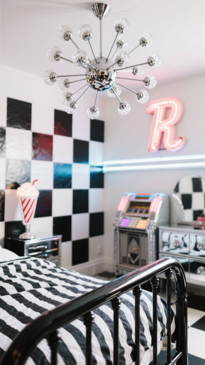Detail closeup, Retro Diner Remix: chrome sputnik chandelier arms radiating over white wall with checkerboard decals; foreground shows glossy black metal bedframe rail and striped bedding like a milkshake straw; in background a jukebox-inspired LED light bar glows near dresser and a retro marquee letter light with initial; crisp reflections, playful attitude.
