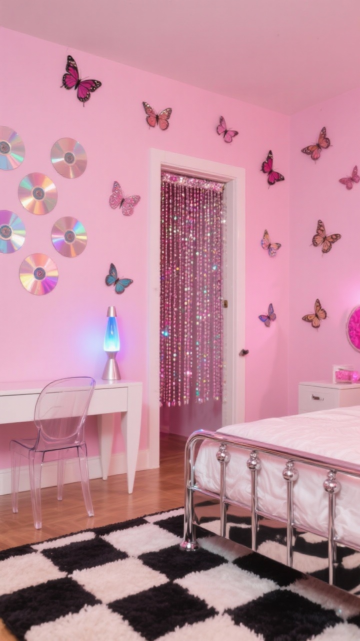 Detail/medium hybrid, Retro Y2K Bubblegum Remix: Cool pink wall with butterfly decals scattered playfully. Chrome bed frame edge and glossy white nightstand holding a lava lamp glowing. Checkerboard rug pattern visible on the floor, beaded curtain strands shimmering at the closet doorway. CD wall art reflecting light, sparkle acrylic vanity chair catching highlights. Fun, nostalgic shine.