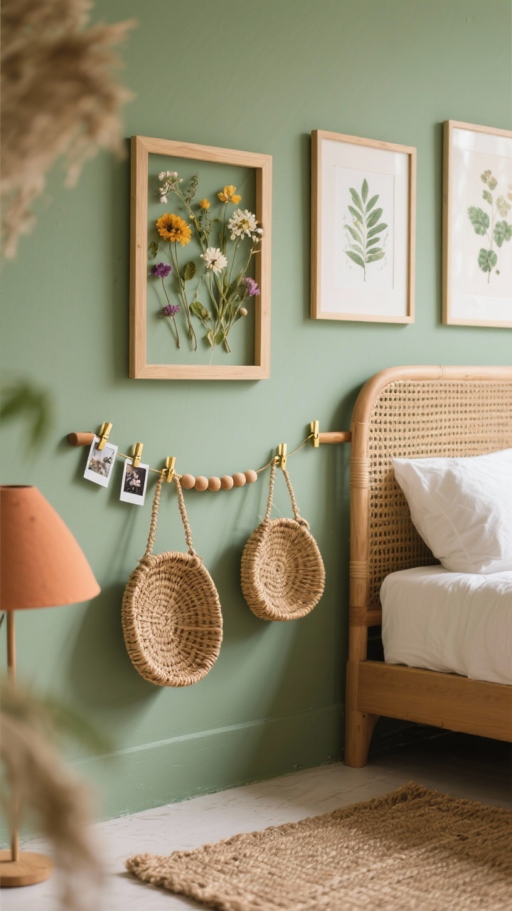 Detail shot: A sage green wall showcasing a boho botanica arrangement—pressed flowers in floating frames, botanical prints, and two woven baskets used as sculptural art. A wooden bead garland drapes near brass photo clips holding Polaroids on a simple dowel rod. Frames in light wood and brass. Soft warm light catches natural textures; rattan headboard and a terracotta lamp blurred in the background with a jute rug below.