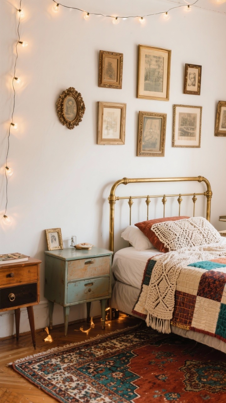 Detail shot: A vintage boho collage vignette showing warm white walls with a gallery wall of thrifted frames, the corner of a vintage brass bed layered with a patchwork quilt and a crochet throw, mismatched nightstands, and a Persian-style rug in rust and teal peeking below; soft string lights add a warm glow, close-up texture focus.