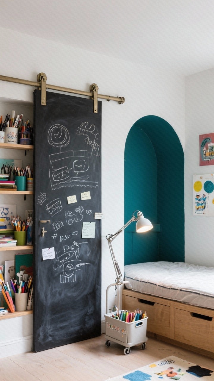 Detail shot, artsy storage: sliding chalkboard doors on a wall track partially covering open shelving filled with art supplies; chalk doodles and notes on the doors; adjacent alcove with deep teal paint shows a daybed front edge with under-drawer storage; clip-on lamp on the daybed frame and a rolling caddy nearby; playful, crafty mood with soft task lighting.